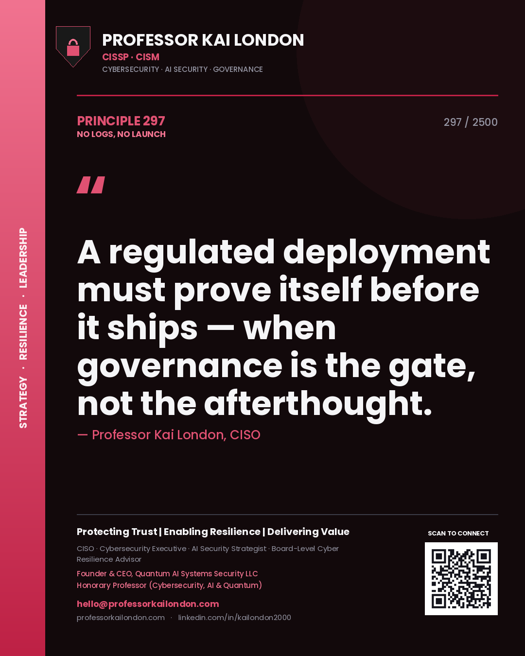 Quote card by Professor Kai London reading 'A regulated deployment must prove itself before it ships — when governance is the gate, not the afterthought.'. From the book No Logs, No Launch.