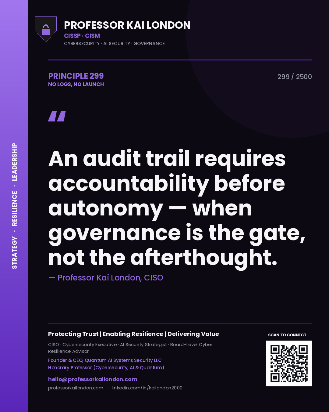 Professor Kai London principle 299: An audit trail requires accountability before autonomy — when governance is the gate, not the afterthought.
