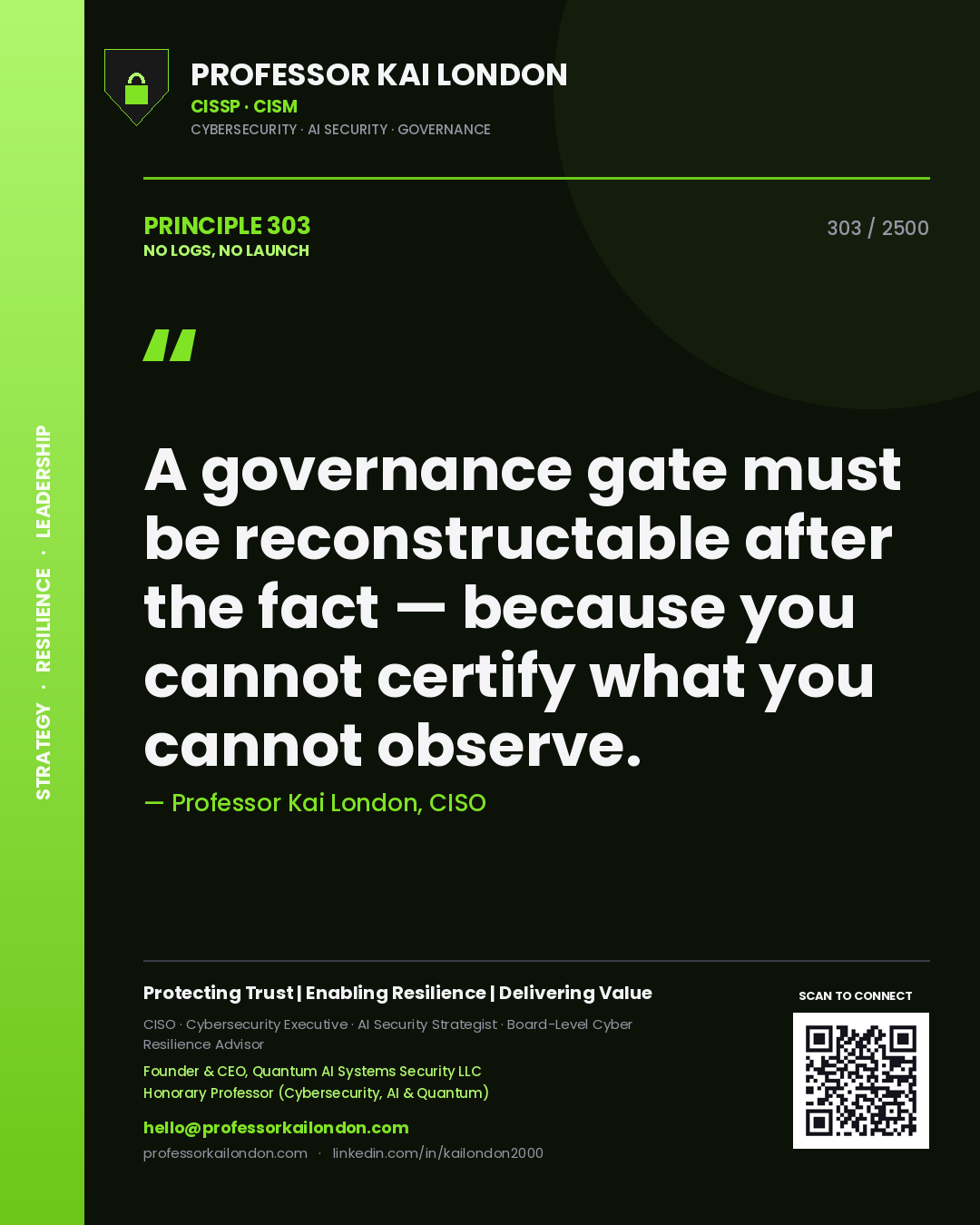 Quote card by Professor Kai London reading 'A governance gate must be reconstructable after the fact — because you cannot certify what you cannot observe.'. From the book No Logs, No Launch.