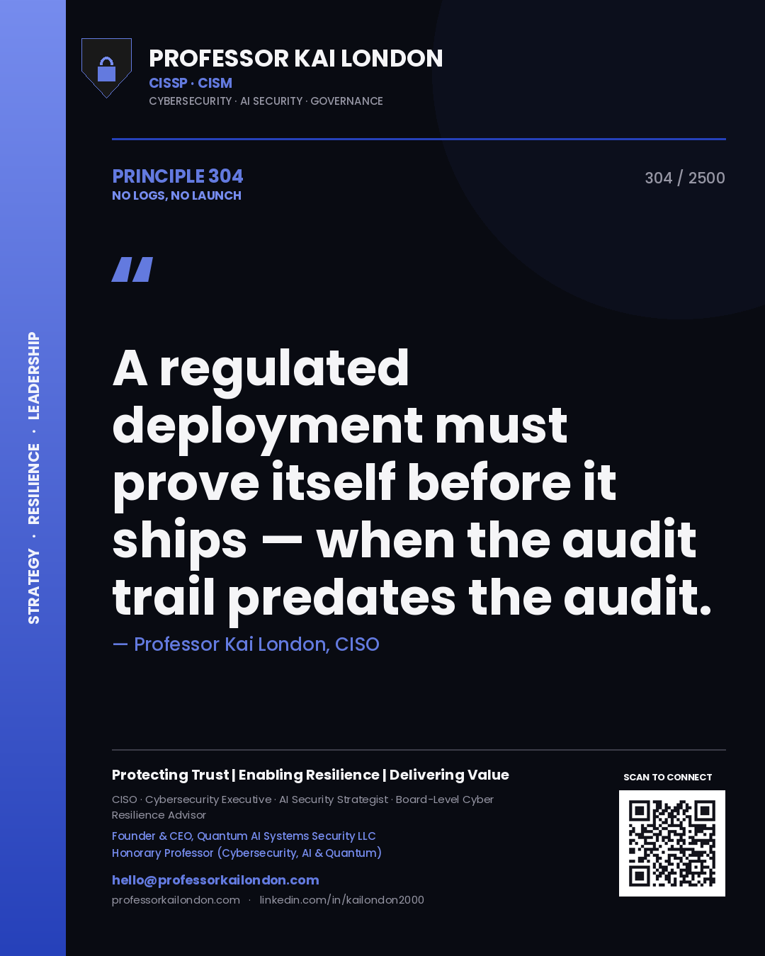 Professor Kai London principle 304: A regulated deployment must prove itself before it ships — when the audit trail predates the audit.