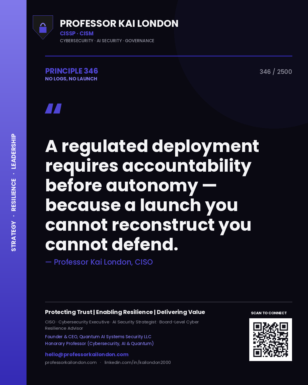 Professor Kai London principle 346: A regulated deployment requires accountability before autonomy — because a launch you cannot reconstruct you cannot defend.