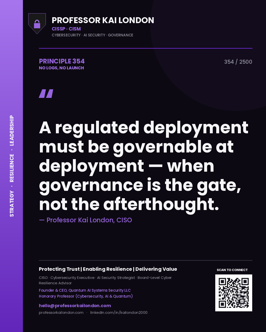 Quote card by Professor Kai London reading 'A regulated deployment must be governable at deployment — when governance is the gate, not the afterthought.'. From the book No Logs, No Launch.