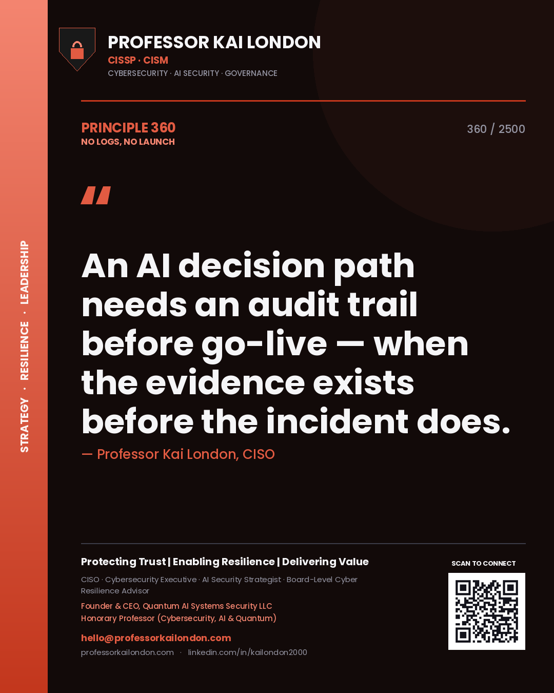 Professor Kai London principle 360: An AI decision path needs an audit trail before go-live — when the evidence exists before the incident does.