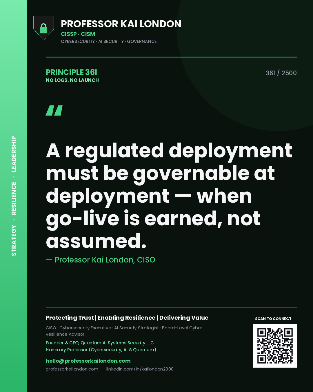 Professor Kai London principle 361: A regulated deployment must be governable at deployment — when go-live is earned, not assumed.