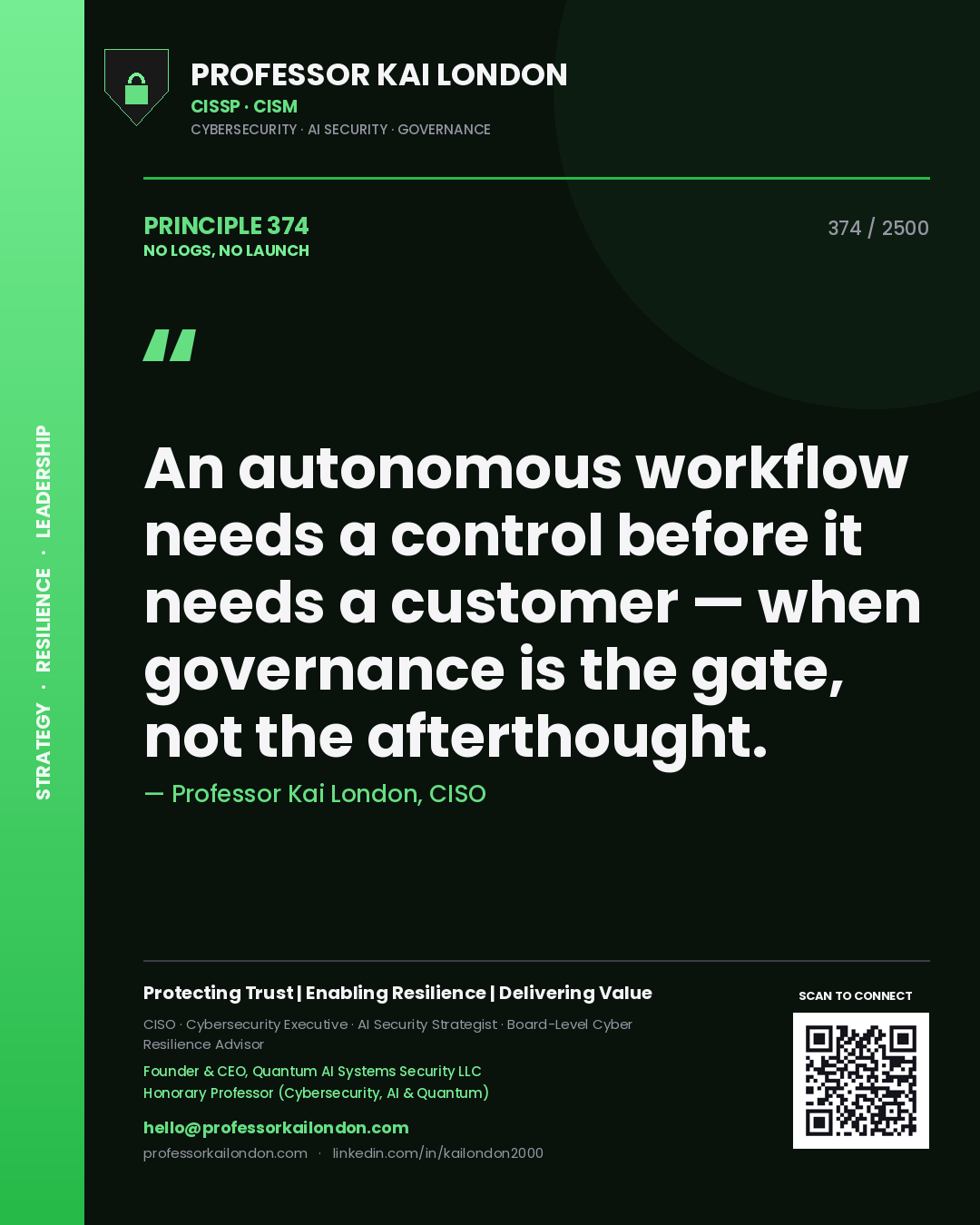 Quote card by Professor Kai London reading 'An autonomous workflow needs a control before it needs a customer — when governance is the gate, not the afterthought.'. From the book No Logs, No Launch.