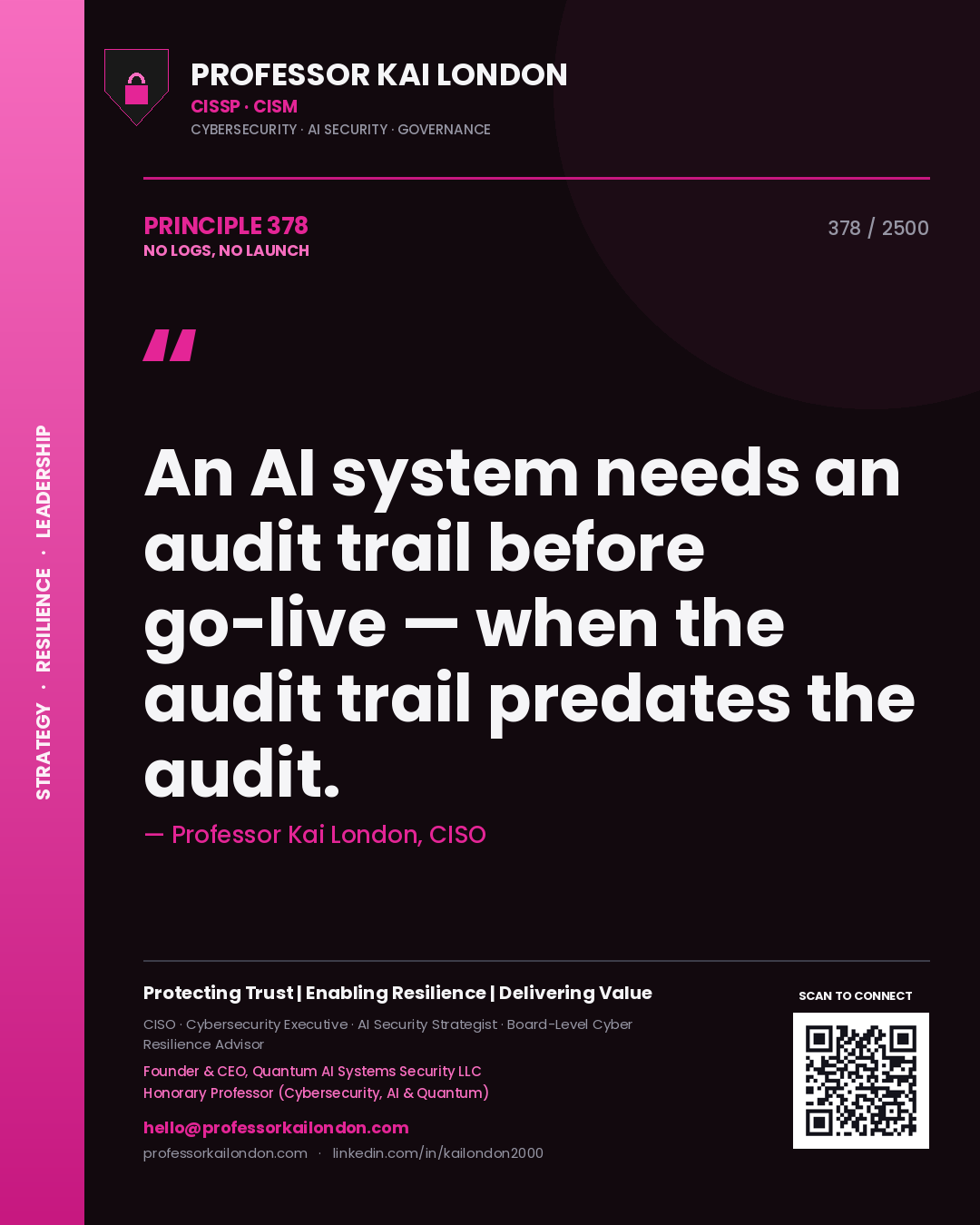 Professor Kai London principle 378: An AI system needs an audit trail before go-live — when the audit trail predates the audit.