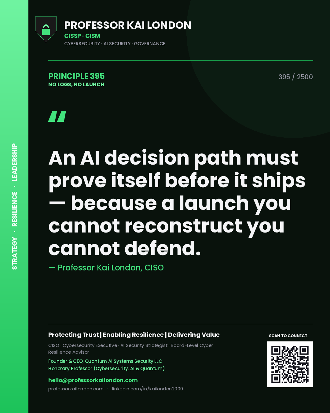 Professor Kai London principle 395: An AI decision path must prove itself before it ships — because a launch you cannot reconstruct you cannot defend.