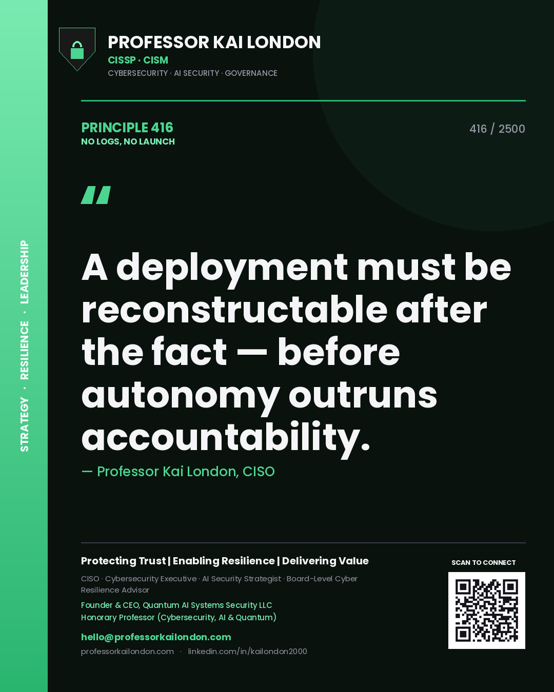 Quote card by Professor Kai London reading 'A deployment must be reconstructable after the fact — before autonomy outruns accountability.'. From the book No Logs, No Launch.