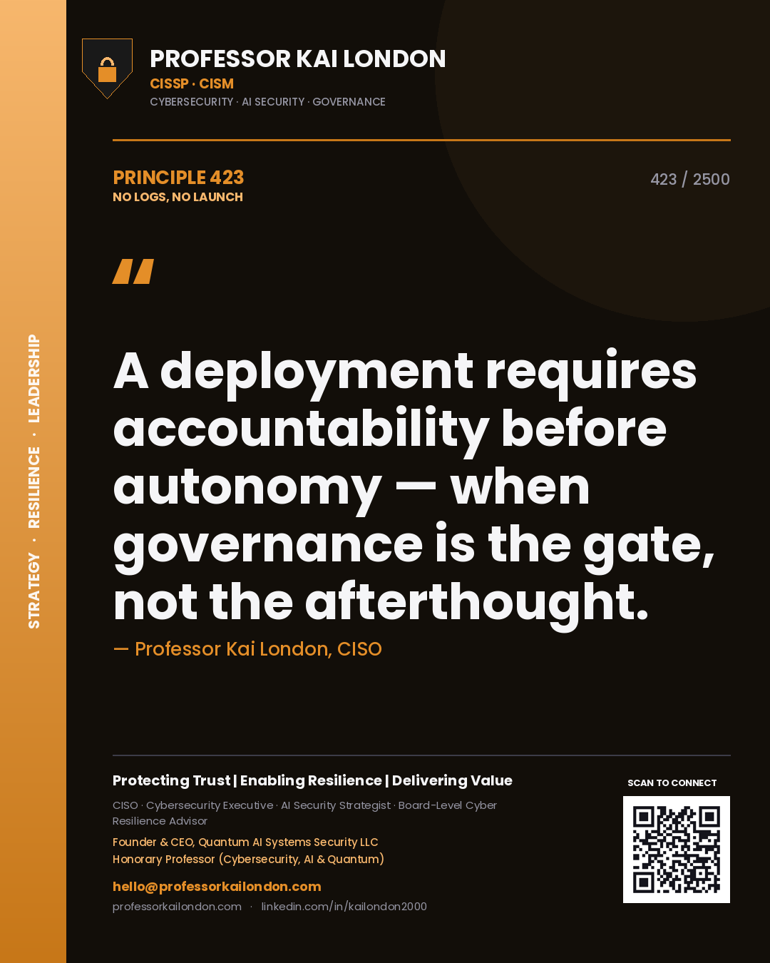 Professor Kai London principle 423: A deployment requires accountability before autonomy — when governance is the gate, not the afterthought.