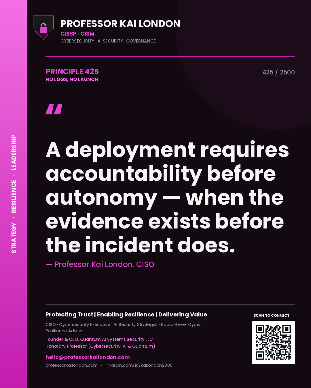 Quote card by Professor Kai London reading 'A deployment requires accountability before autonomy — when the evidence exists before the incident does.'. From the book No Logs, No Launch.