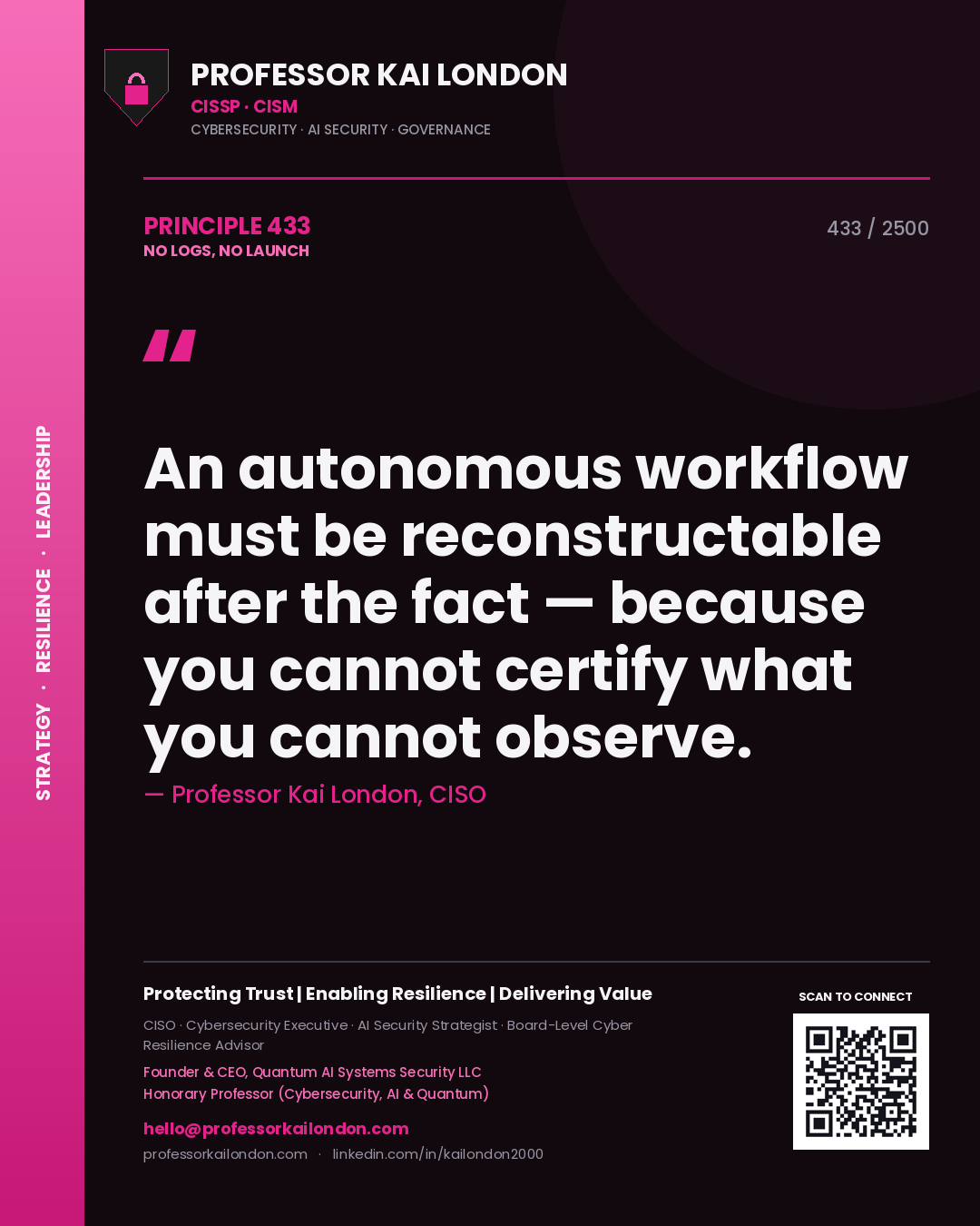 Professor Kai London principle 433: An autonomous workflow must be reconstructable after the fact — because you cannot certify what you cannot observe.