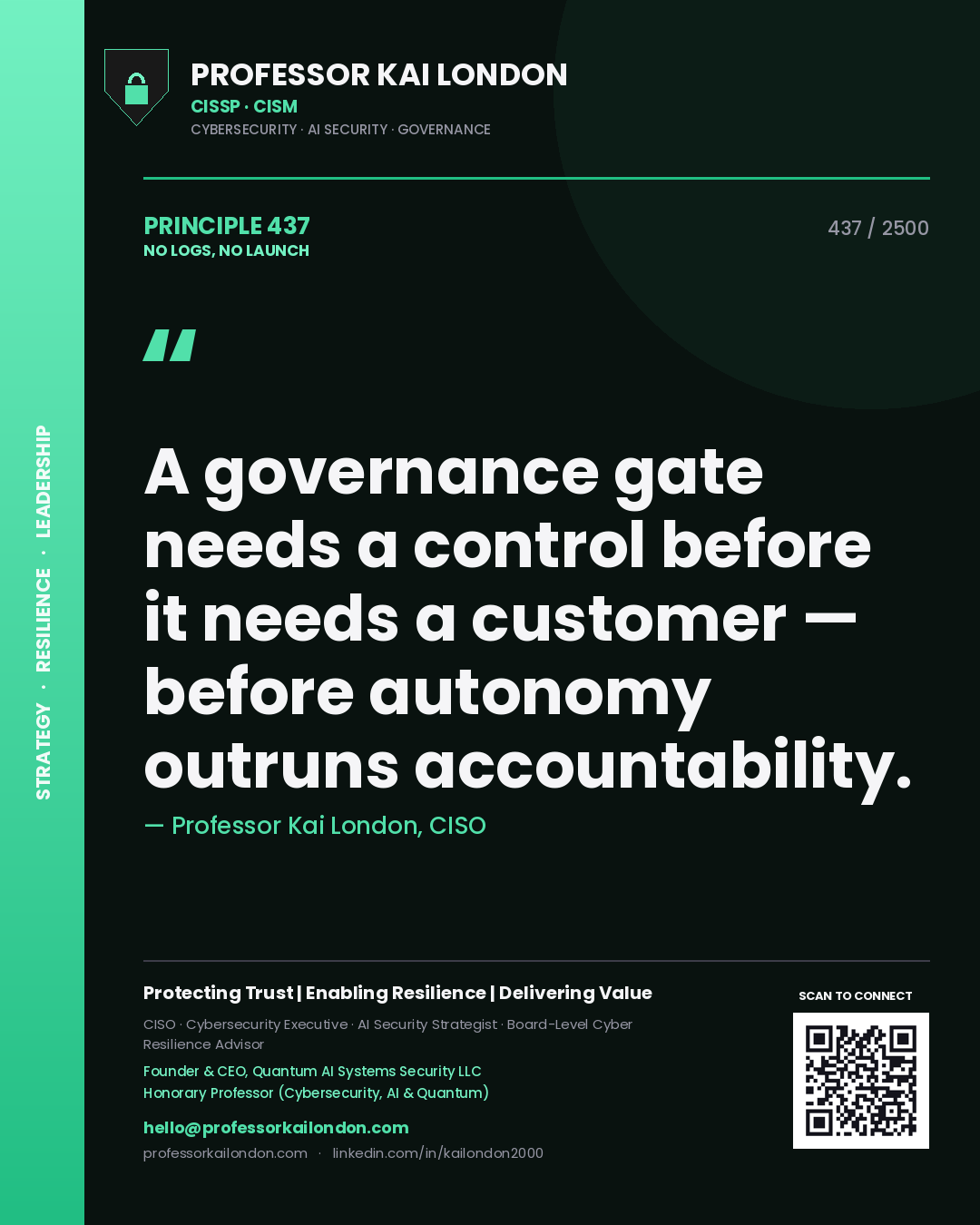 Quote card by Professor Kai London reading 'A governance gate needs a control before it needs a customer — before autonomy outruns accountability.'. From the book No Logs, No Launch.