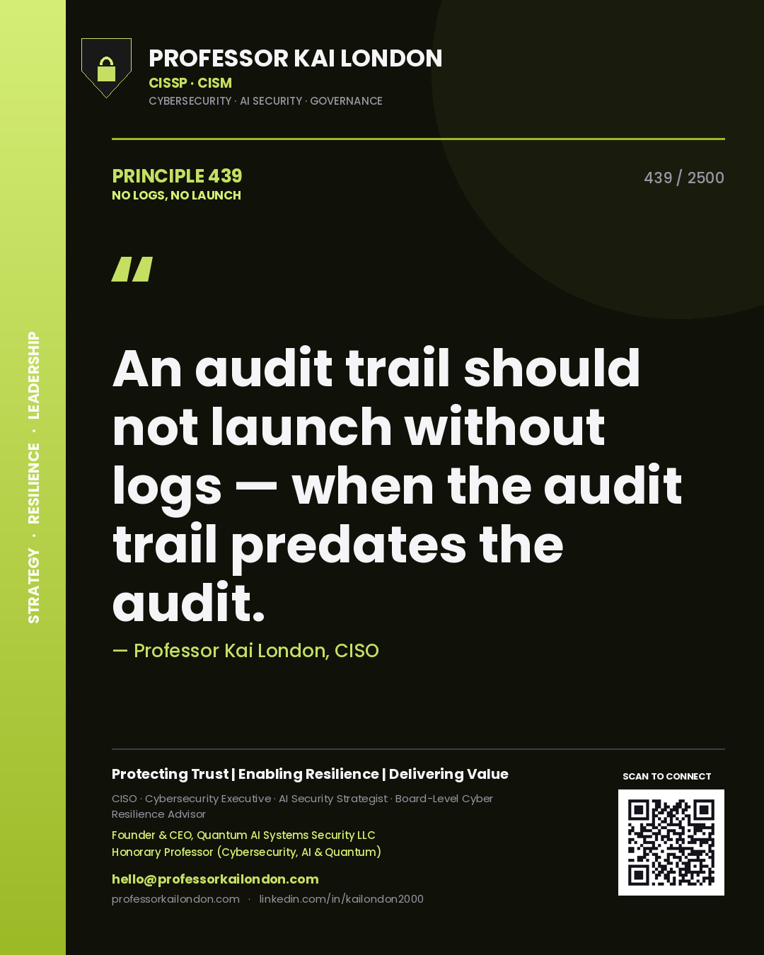 Professor Kai London principle 439: An audit trail should not launch without logs — when the audit trail predates the audit.