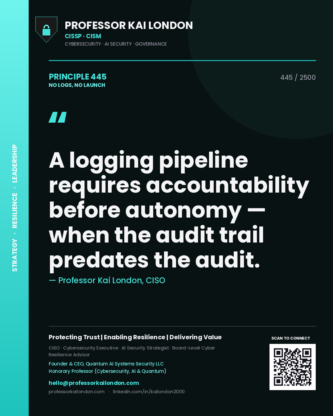 Quote card by Professor Kai London reading 'A logging pipeline requires accountability before autonomy — when the audit trail predates the audit.'. From the book No Logs, No Launch.