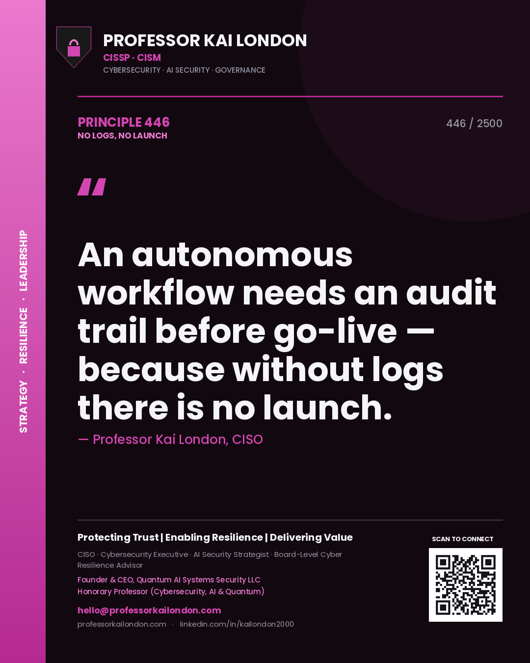 Quote card by Professor Kai London reading 'An autonomous workflow needs an audit trail before go-live — because without logs there is no launch.'. From the book No Logs, No Launch.