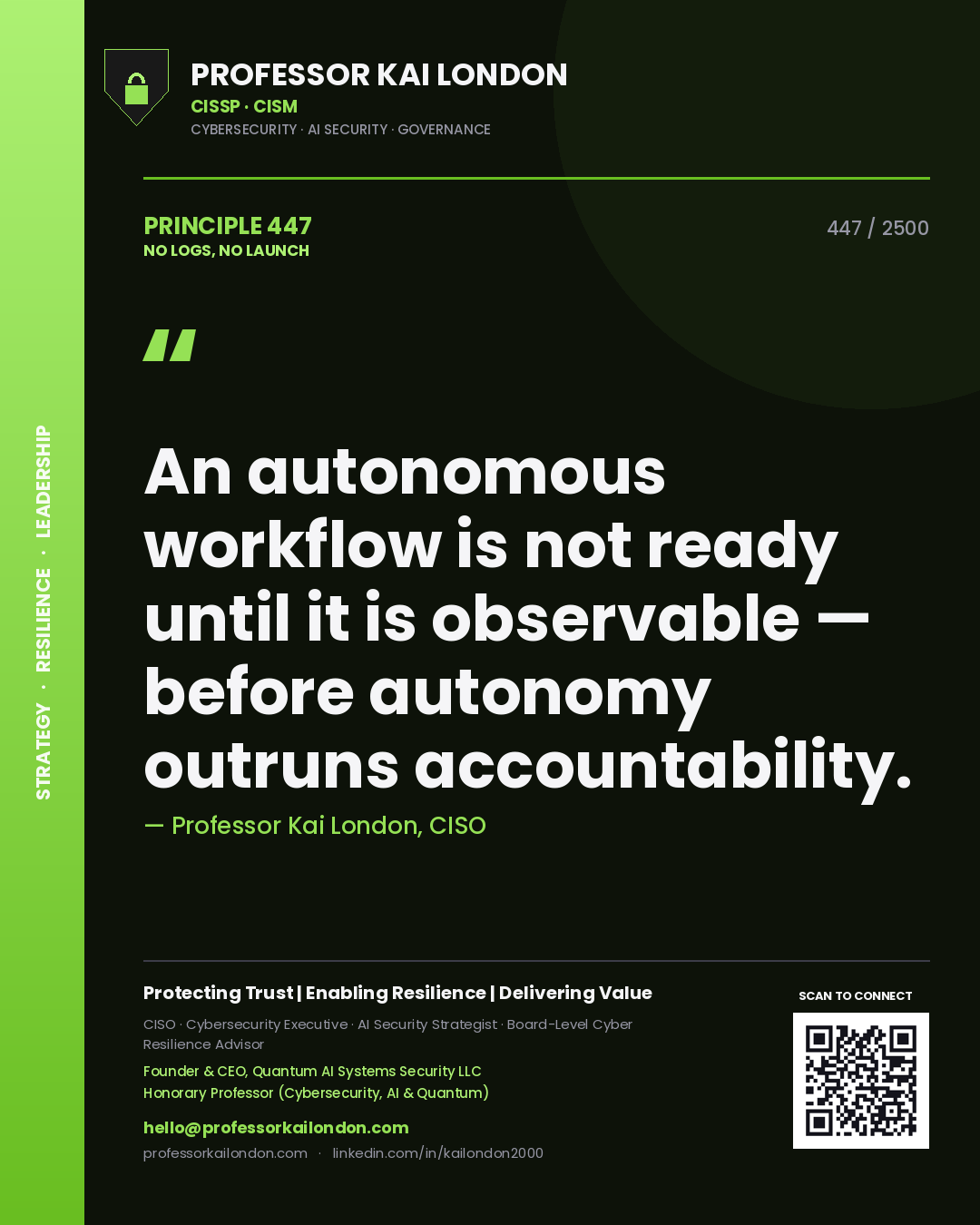 Quote card by Professor Kai London reading 'An autonomous workflow is not ready until it is observable — before autonomy outruns accountability.'. From the book No Logs, No Launch.