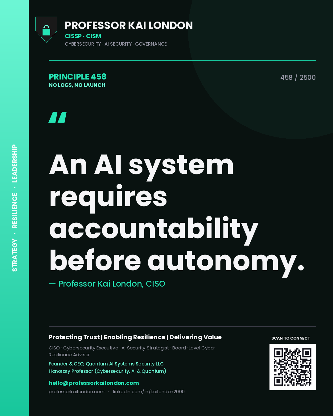 Quote card by Professor Kai London reading 'An AI system requires accountability before autonomy.'. From the book No Logs, No Launch.