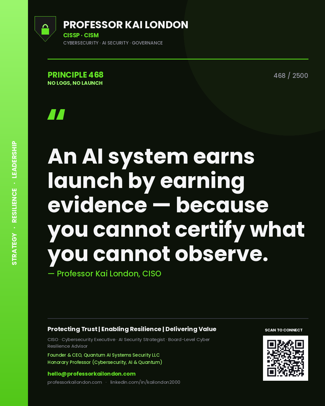 Quote card by Professor Kai London reading 'An AI system earns launch by earning evidence — because you cannot certify what you cannot observe.'. From the book No Logs, No Launch.