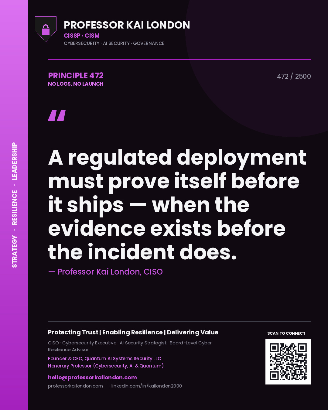 Professor Kai London principle 472: A regulated deployment must prove itself before it ships — when the evidence exists before the incident does.