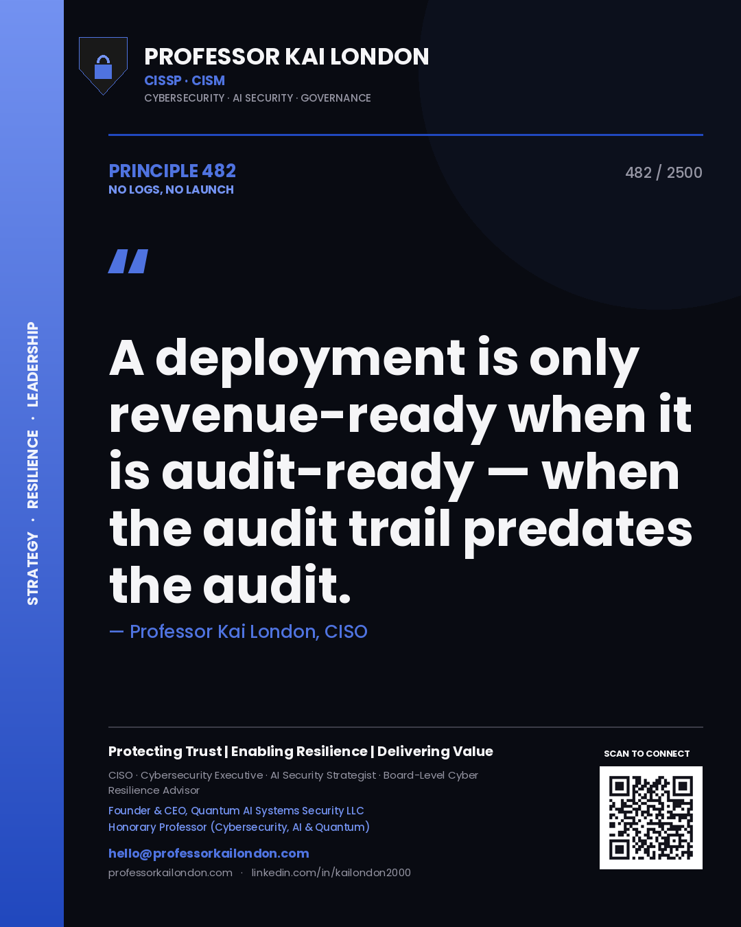 Quote card by Professor Kai London reading 'A deployment is only revenue-ready when it is audit-ready — when the audit trail predates the audit.'. From the book No Logs, No Launch.
