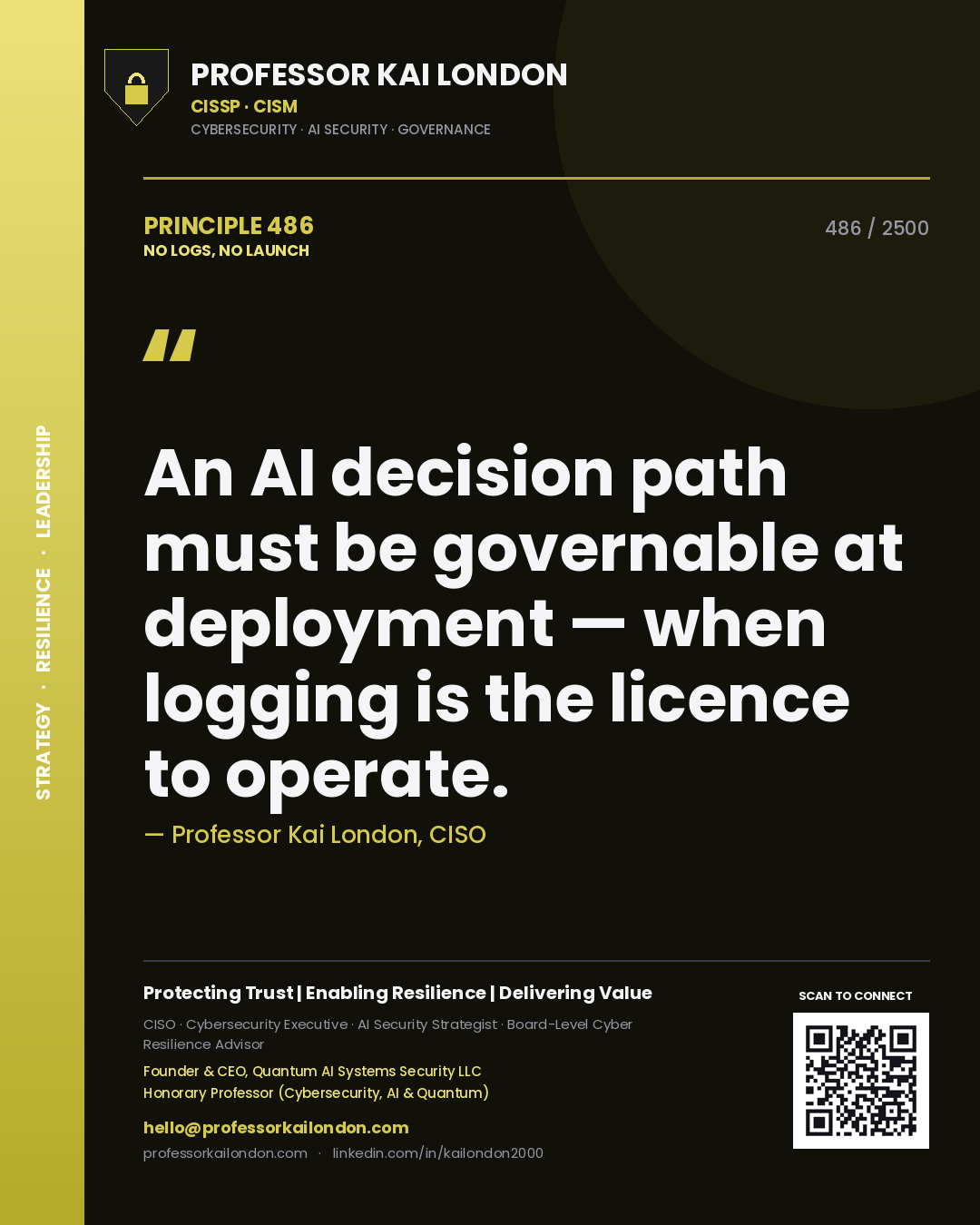 Quote card by Professor Kai London reading 'An AI decision path must be governable at deployment — when logging is the licence to operate.'. From the book No Logs, No Launch.