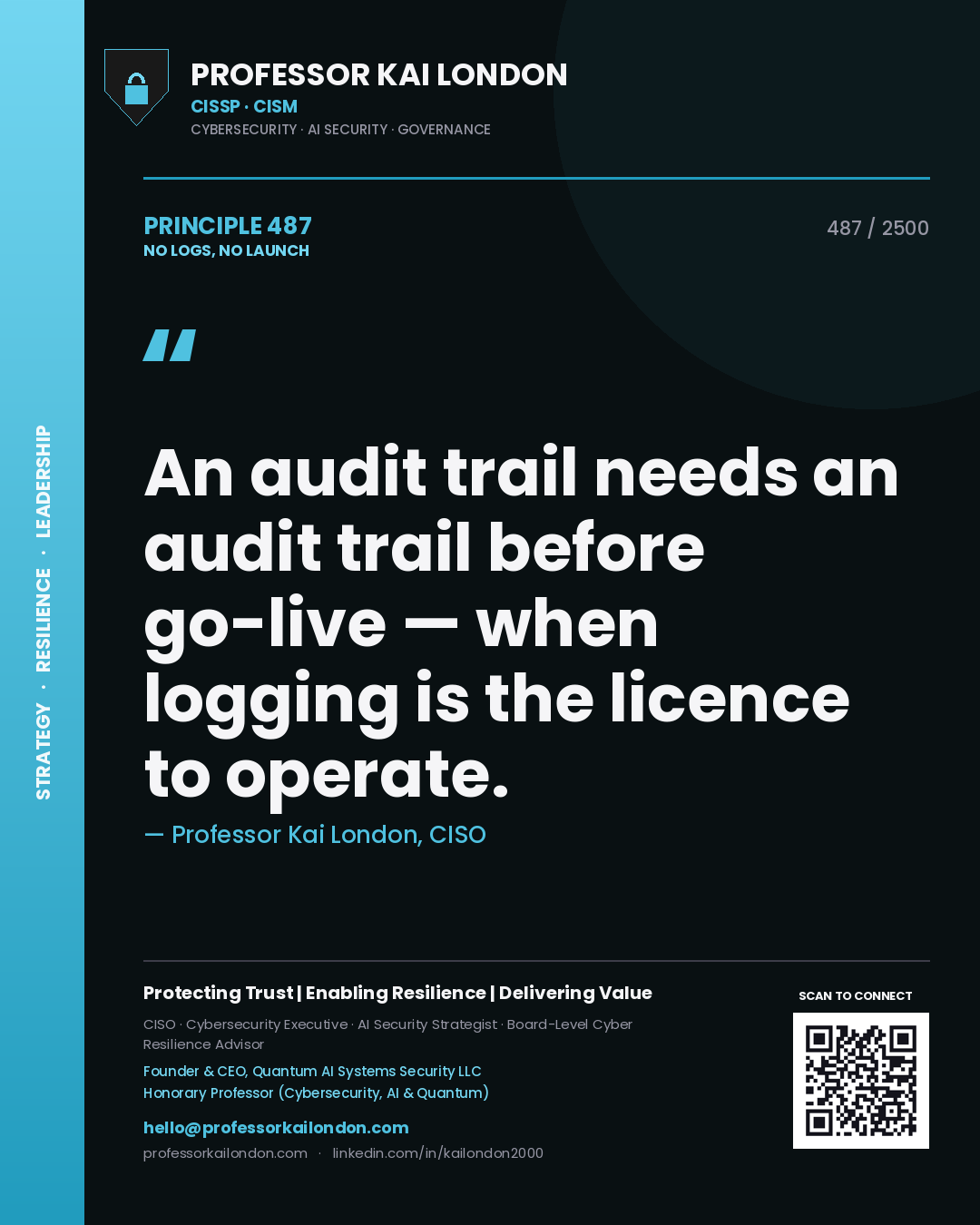 Quote card by Professor Kai London reading 'An audit trail needs an audit trail before go-live — when logging is the licence to operate.'. From the book No Logs, No Launch.
