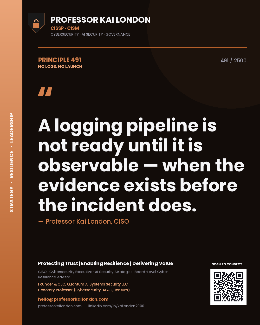 Quote card by Professor Kai London reading 'A logging pipeline is not ready until it is observable — when the evidence exists before the incident does.'. From the book No Logs, No Launch.