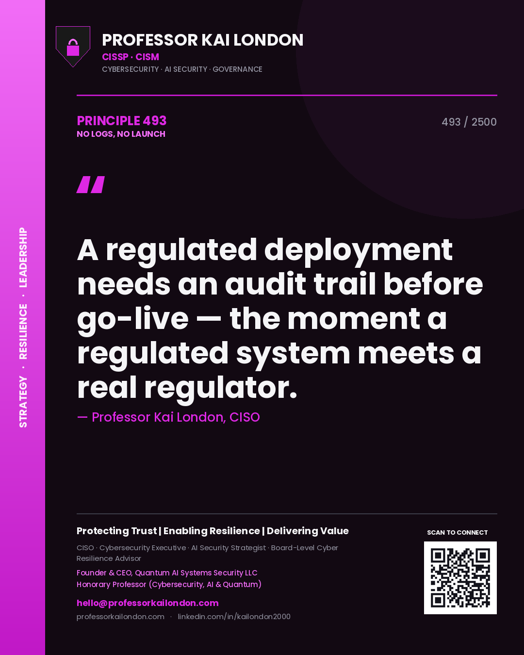 Quote card by Professor Kai London reading 'A regulated deployment needs an audit trail before go-live — the moment a regulated system meets a real regulator.'. From the book No Logs, No Launch.