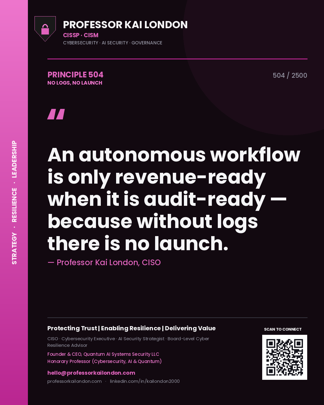 Professor Kai London principle 504: An autonomous workflow is only revenue-ready when it is audit-ready — because without logs there is no launch.