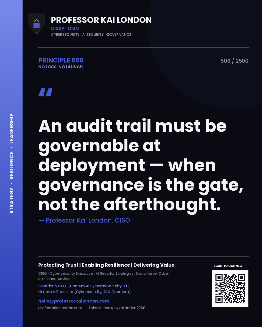 Professor Kai London principle 506: An audit trail must be governable at deployment — when governance is the gate, not the afterthought.