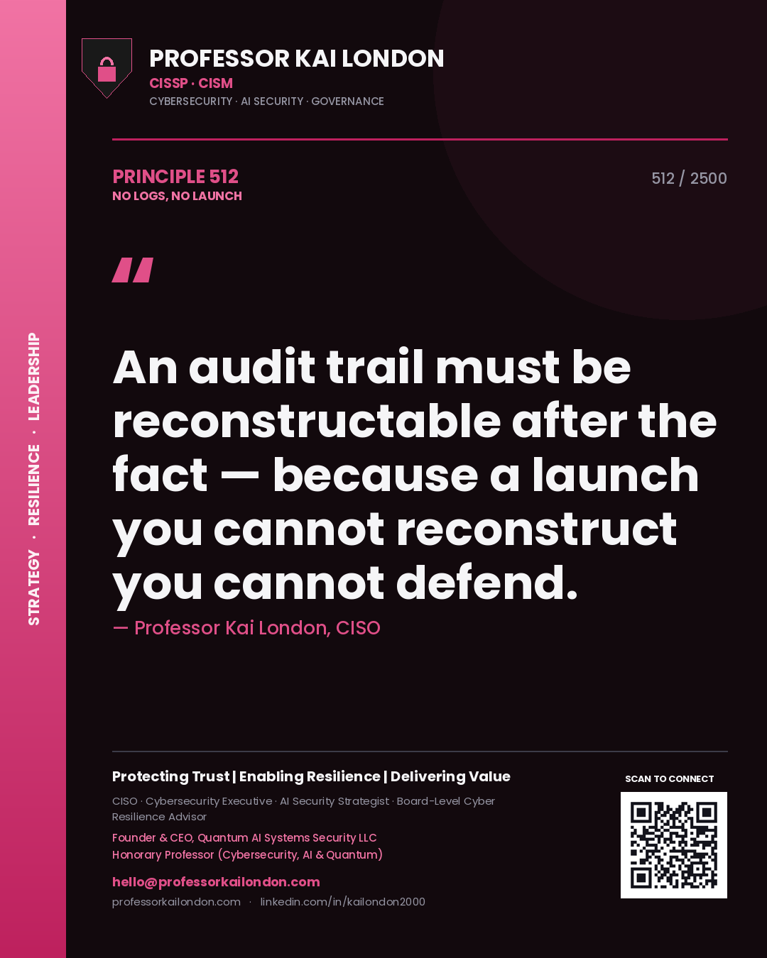 Quote card by Professor Kai London reading 'An audit trail must be reconstructable after the fact — because a launch you cannot reconstruct you cannot defend.'. From the book No Logs, No Launch.