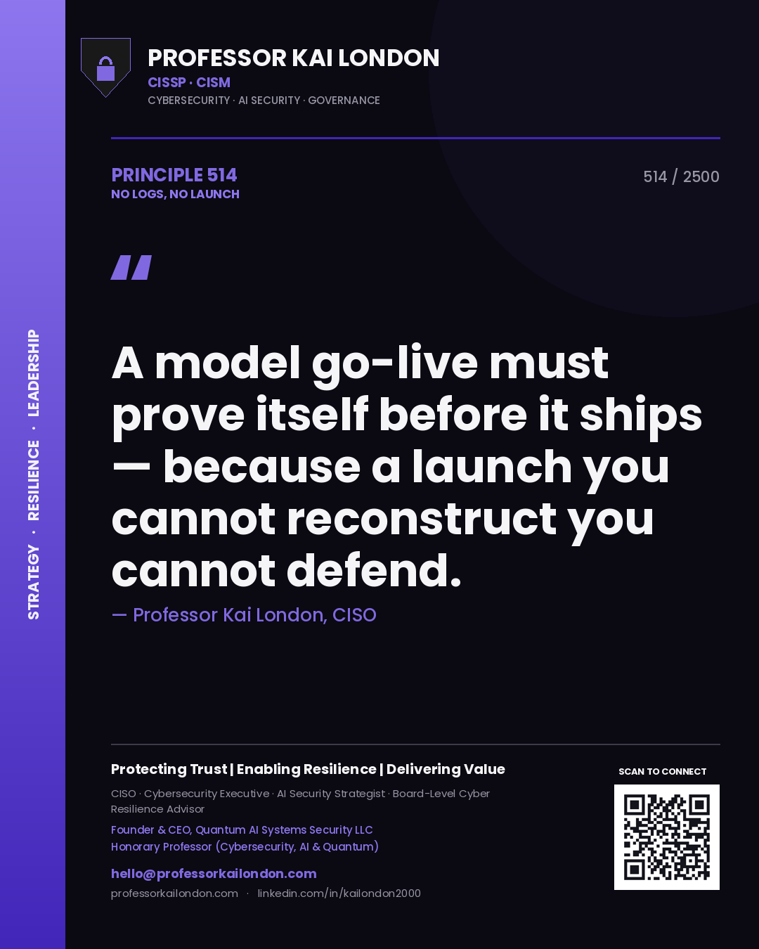 Quote card by Professor Kai London reading 'A model go-live must prove itself before it ships — because a launch you cannot reconstruct you cannot defend.'. From the book No Logs, No Launch.