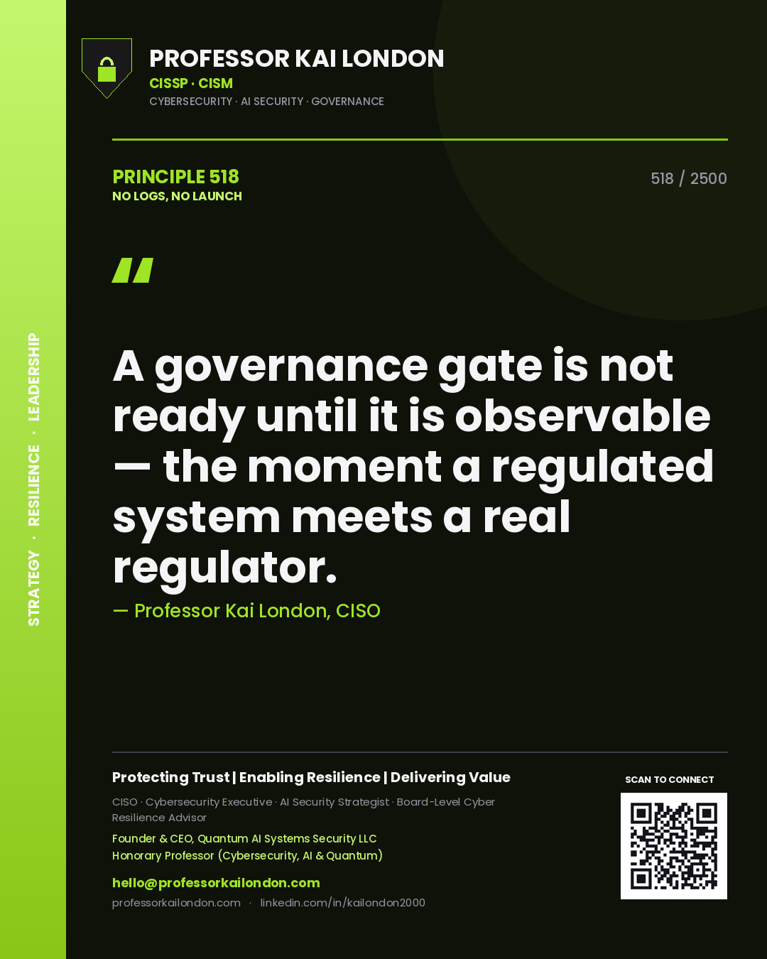 Quote card by Professor Kai London reading 'A governance gate is not ready until it is observable — the moment a regulated system meets a real regulator.'. From the book No Logs, No Launch.
