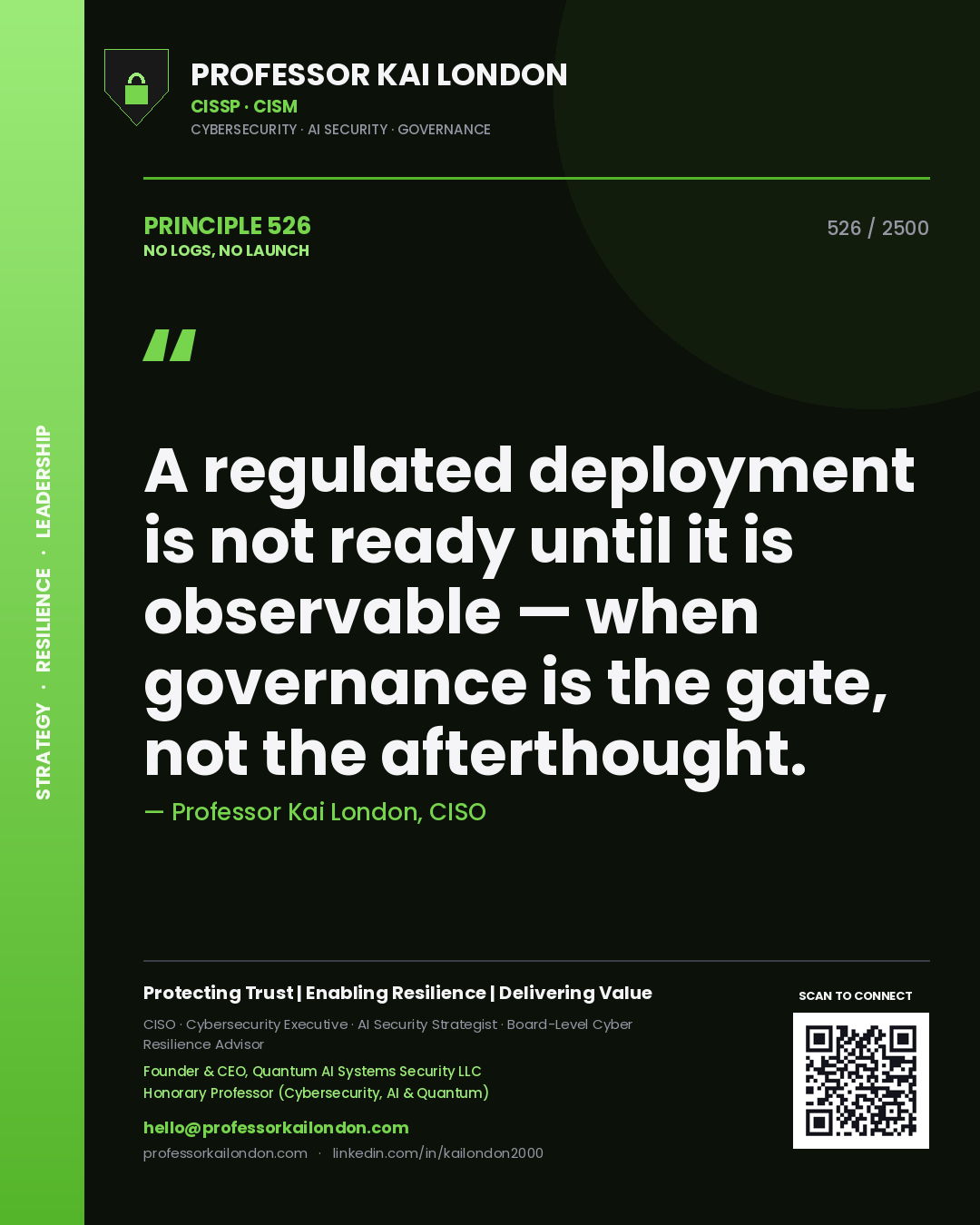 Quote card by Professor Kai London reading 'A regulated deployment is not ready until it is observable — when governance is the gate, not the afterthought.'. From the book No Logs, No Launch.