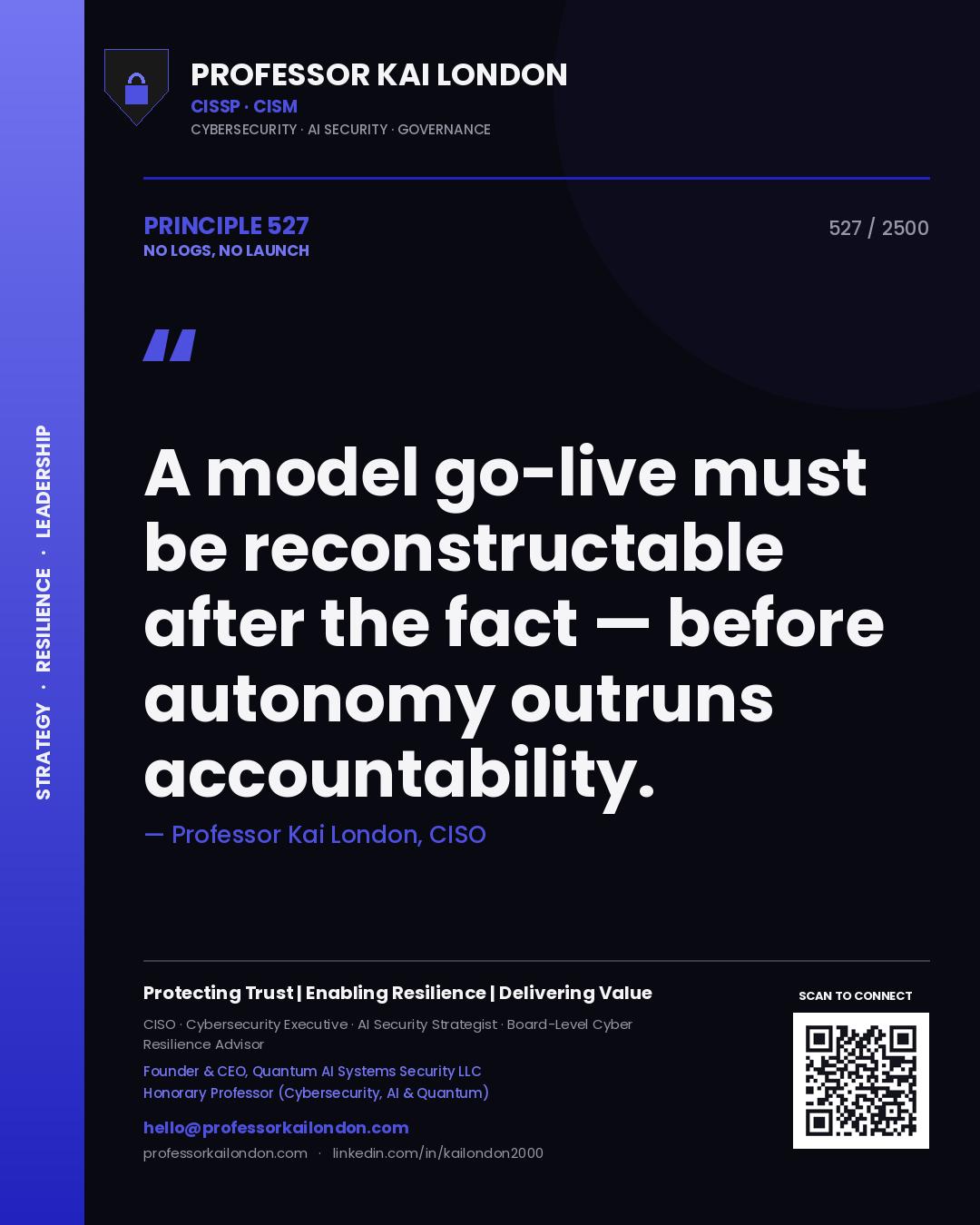 Professor Kai London principle 527: A model go-live must be reconstructable after the fact — before autonomy outruns accountability.