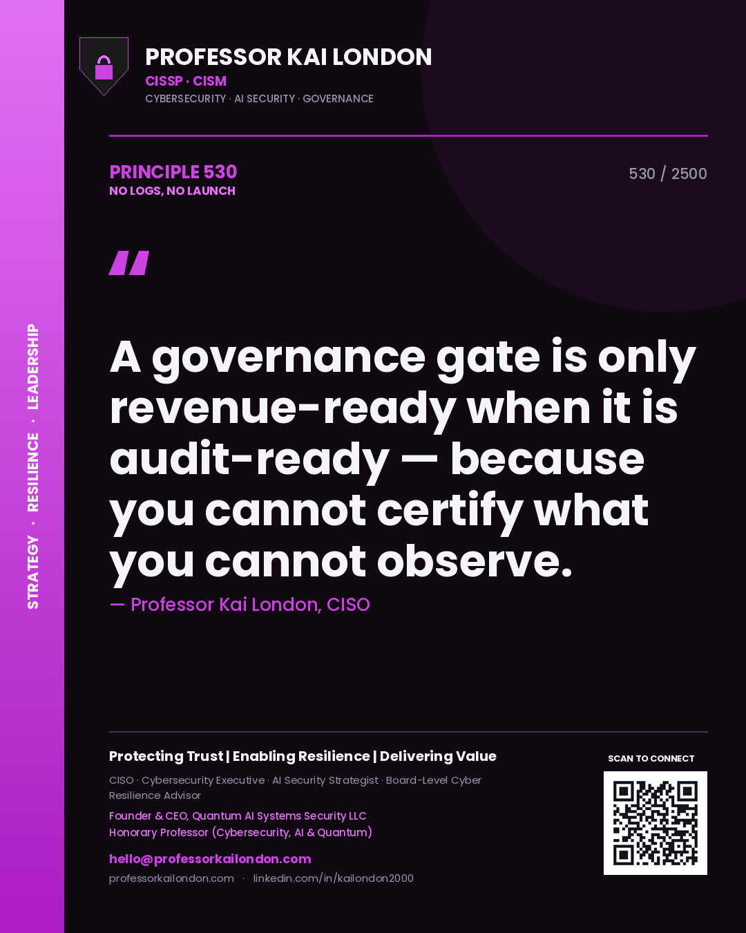 Quote card by Professor Kai London reading 'A governance gate is only revenue-ready when it is audit-ready — because you cannot certify what you cannot observe.'. From the book No Logs, No Launch.
