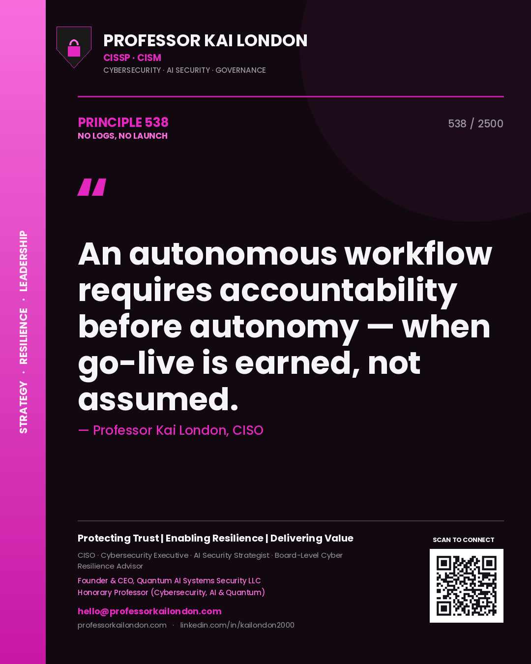 Quote card by Professor Kai London reading 'An autonomous workflow requires accountability before autonomy — when go-live is earned, not assumed.'. From the book No Logs, No Launch.