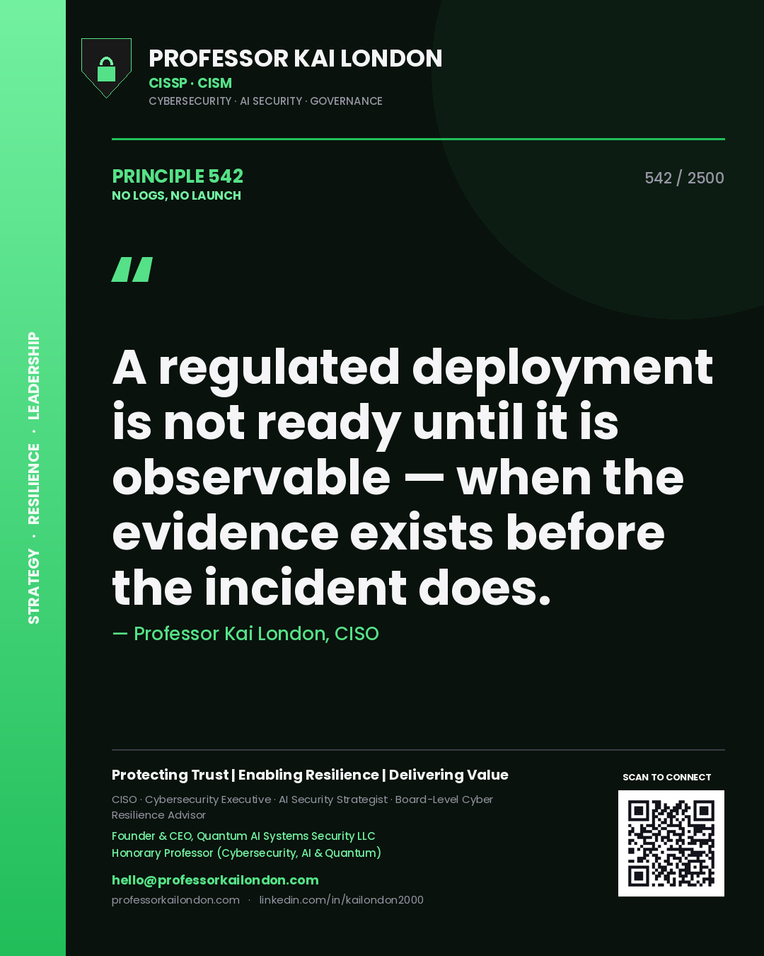 Quote card by Professor Kai London reading 'A regulated deployment is not ready until it is observable — when the evidence exists before the incident does.'. From the book No Logs, No Launch.