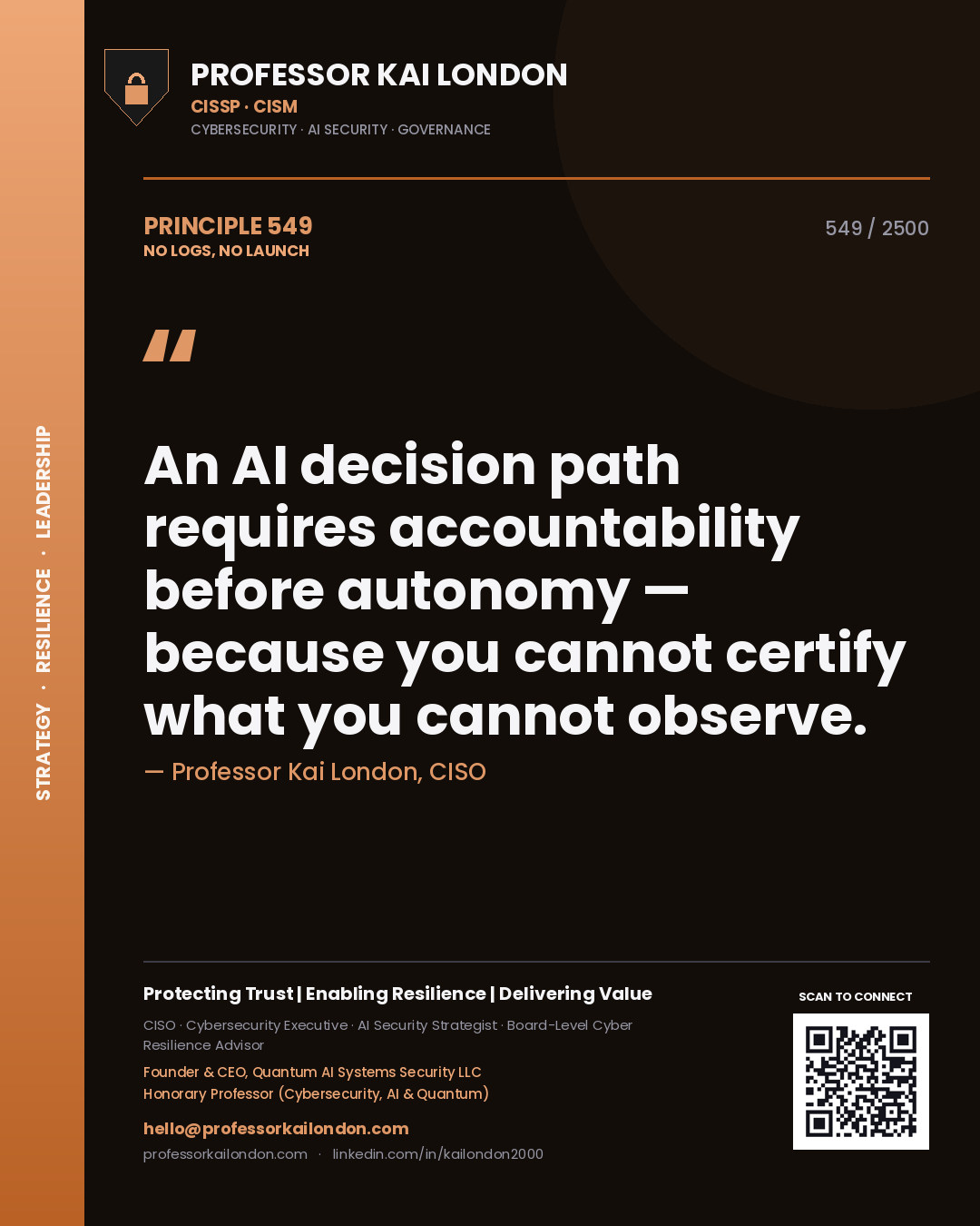 Professor Kai London principle 549: An AI decision path requires accountability before autonomy — because you cannot certify what you cannot observe.