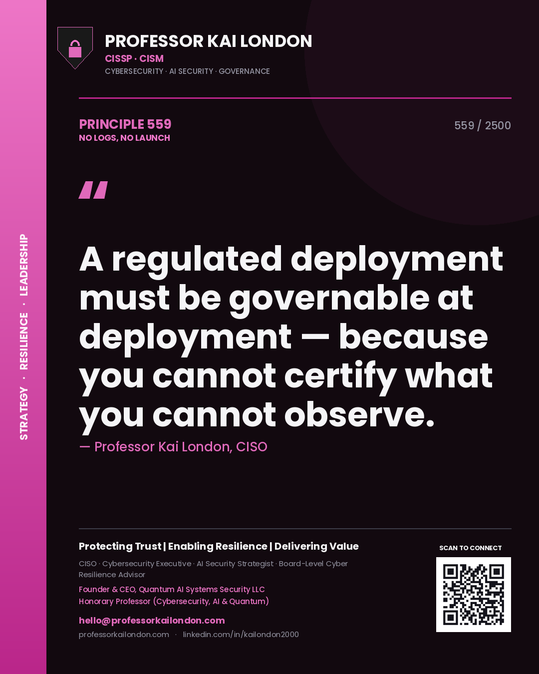 Quote card by Professor Kai London reading 'A regulated deployment must be governable at deployment — because you cannot certify what you cannot observe.'. From the book No Logs, No Launch.