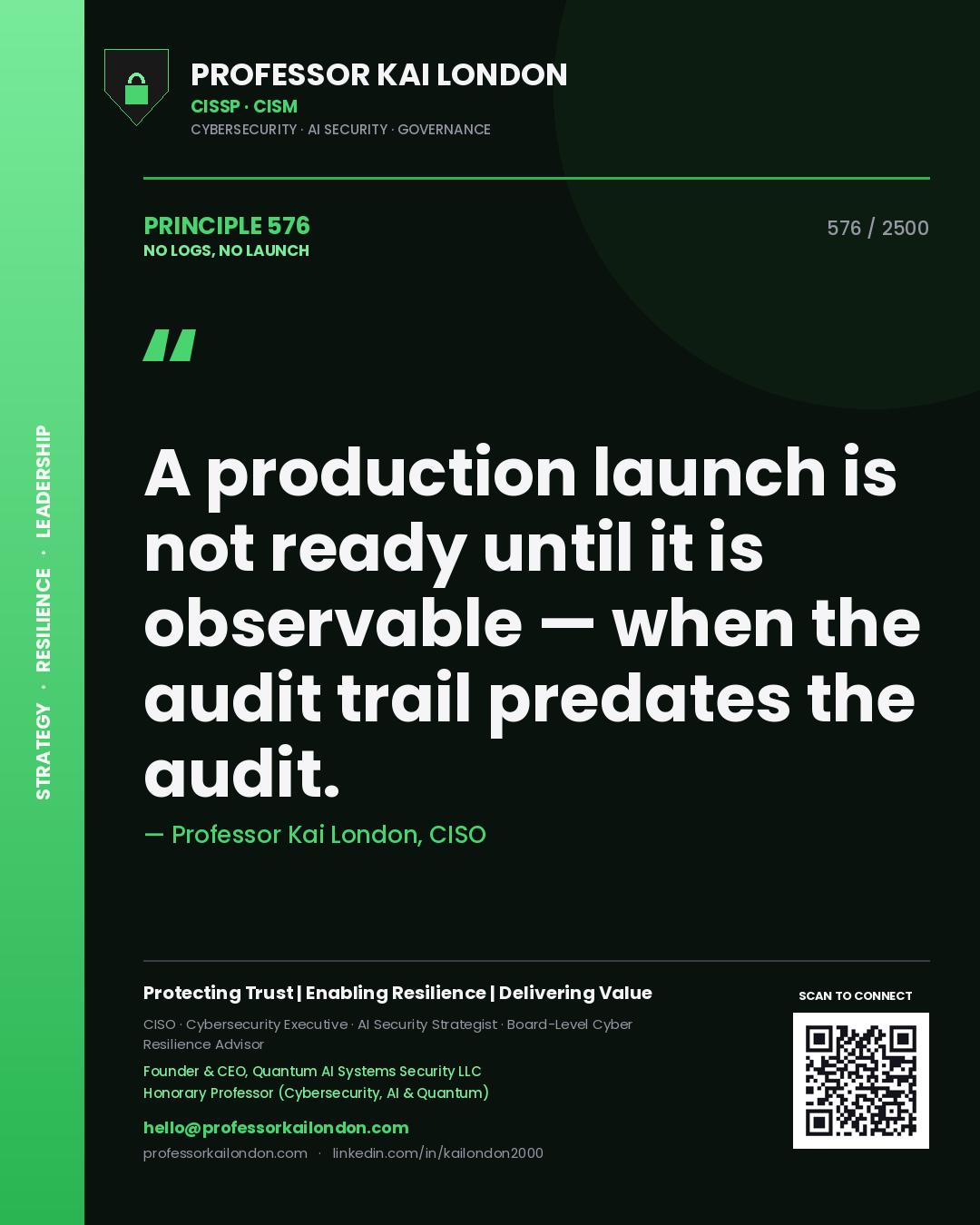Quote card by Professor Kai London reading 'A production launch is not ready until it is observable — when the audit trail predates the audit.'. From the book No Logs, No Launch.
