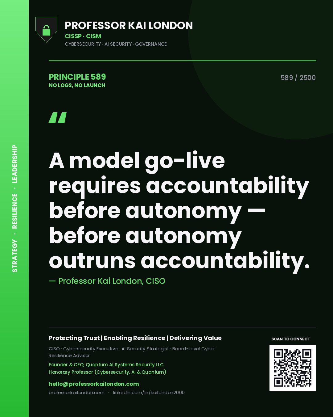 Quote card by Professor Kai London reading 'A model go-live requires accountability before autonomy — before autonomy outruns accountability.'. From the book No Logs, No Launch.
