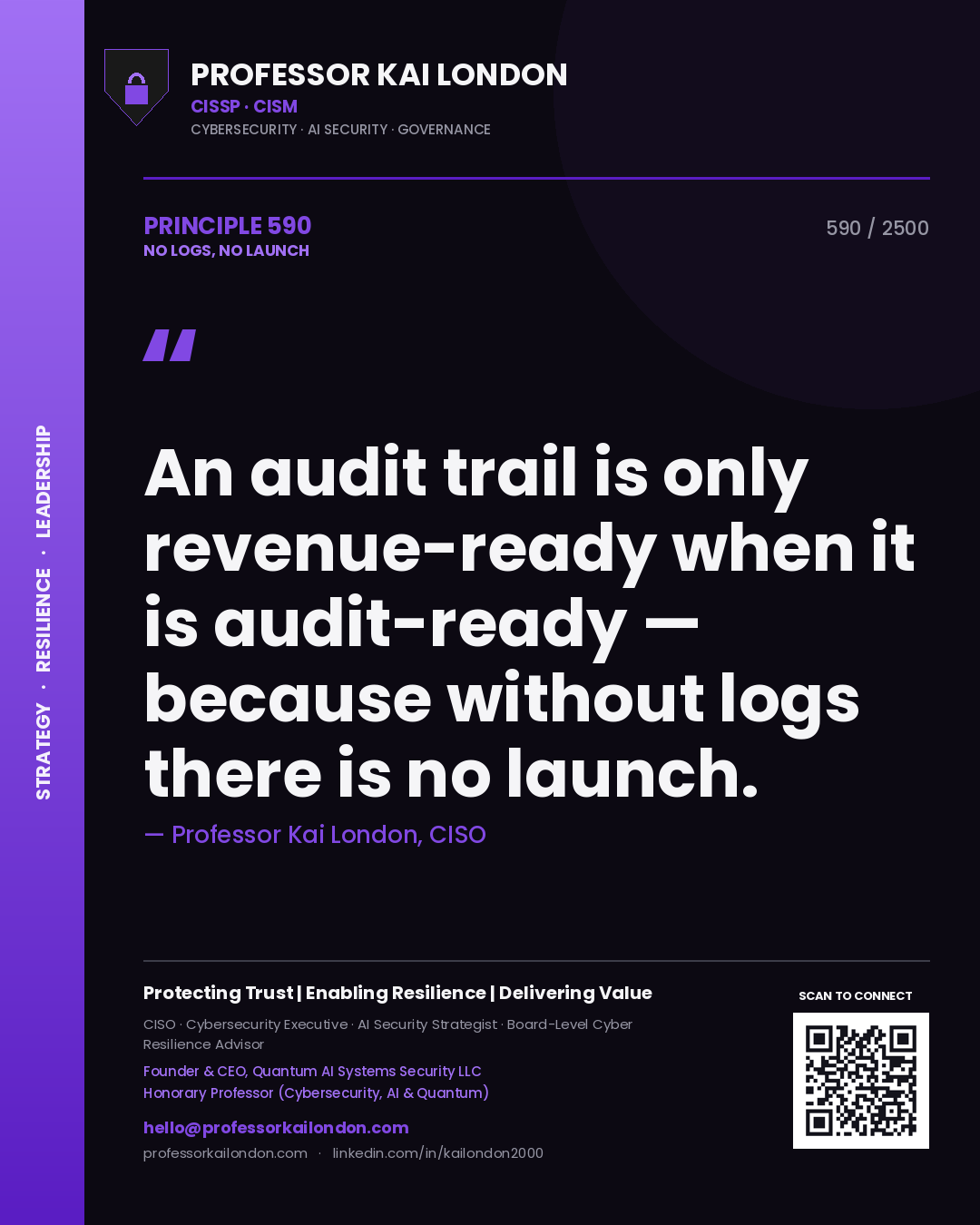 Professor Kai London principle 590: An audit trail is only revenue-ready when it is audit-ready — because without logs there is no launch.
