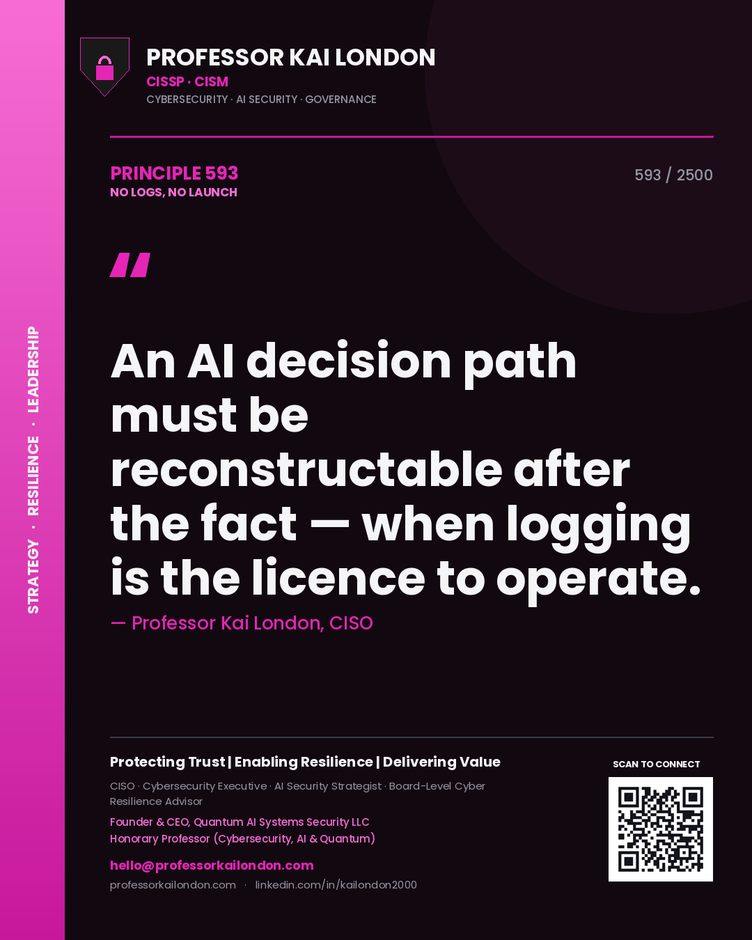 Quote card by Professor Kai London reading 'An AI decision path must be reconstructable after the fact — when logging is the licence to operate.'. From the book No Logs, No Launch.