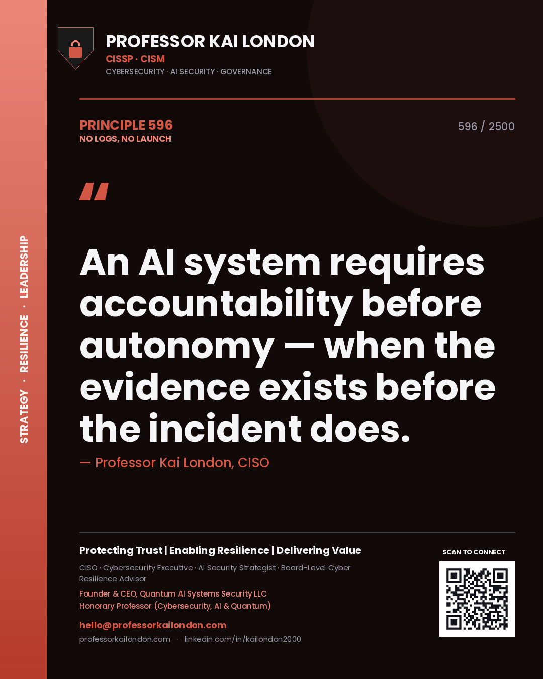 Quote card by Professor Kai London reading 'An AI system requires accountability before autonomy — when the evidence exists before the incident does.'. From the book No Logs, No Launch.