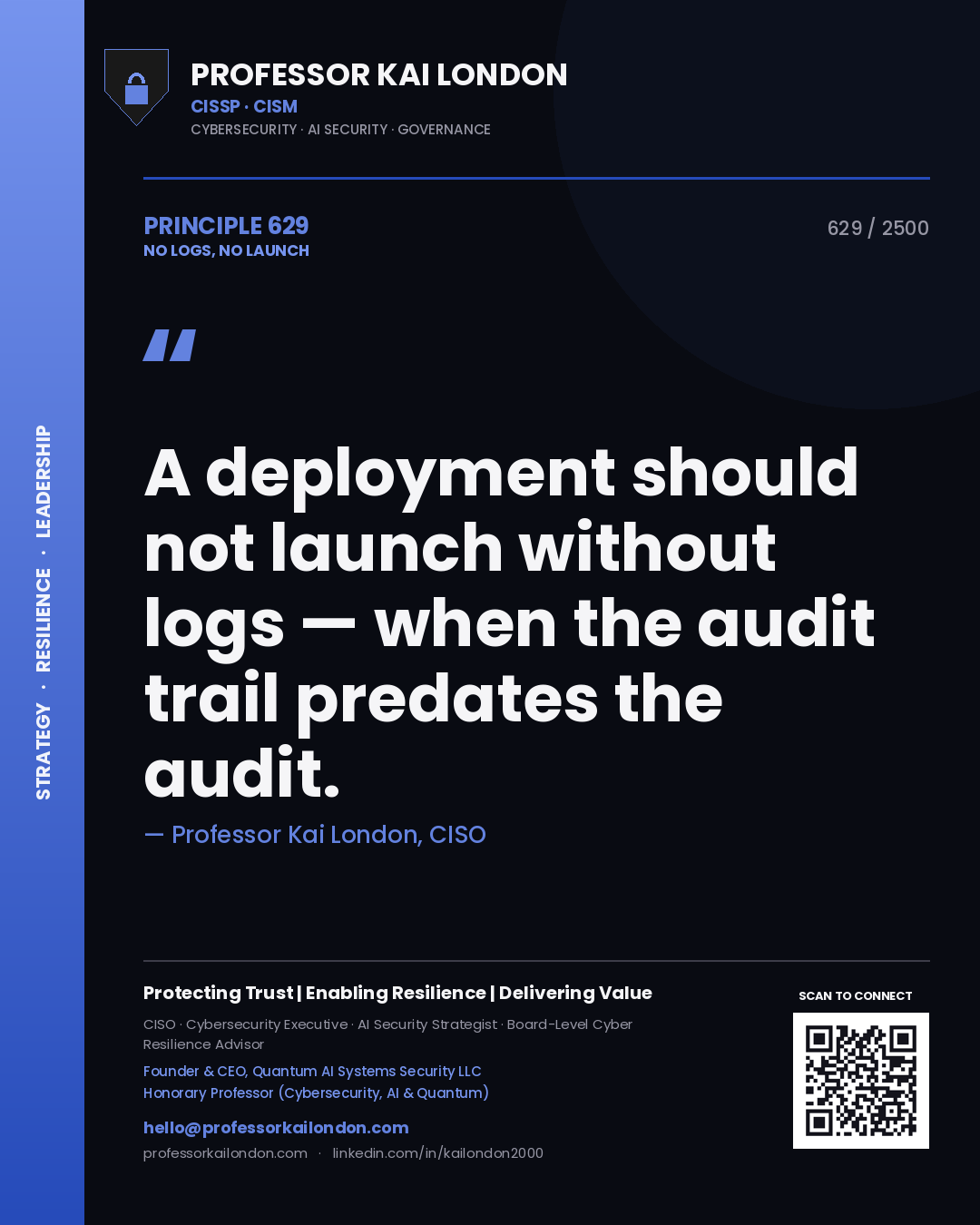 Professor Kai London principle 629: A deployment should not launch without logs — when the audit trail predates the audit.