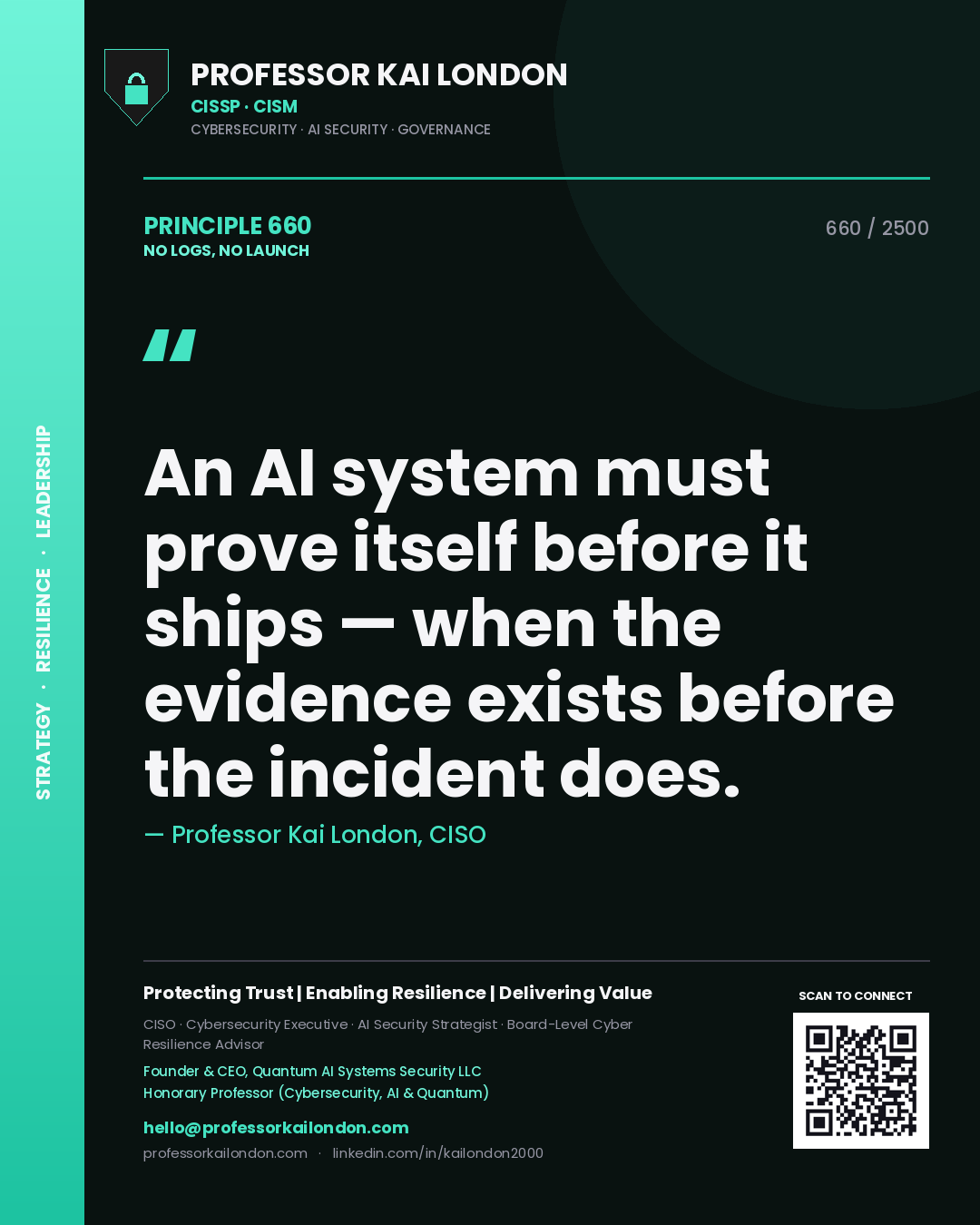 Professor Kai London principle 660: An AI system must prove itself before it ships — when the evidence exists before the incident does.