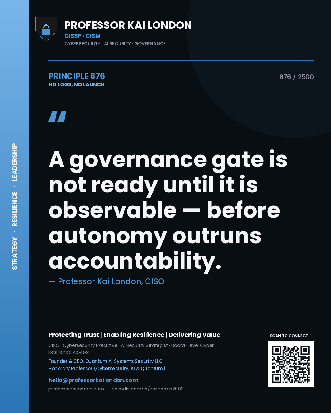 Professor Kai London principle 676: A governance gate is not ready until it is observable — before autonomy outruns accountability.