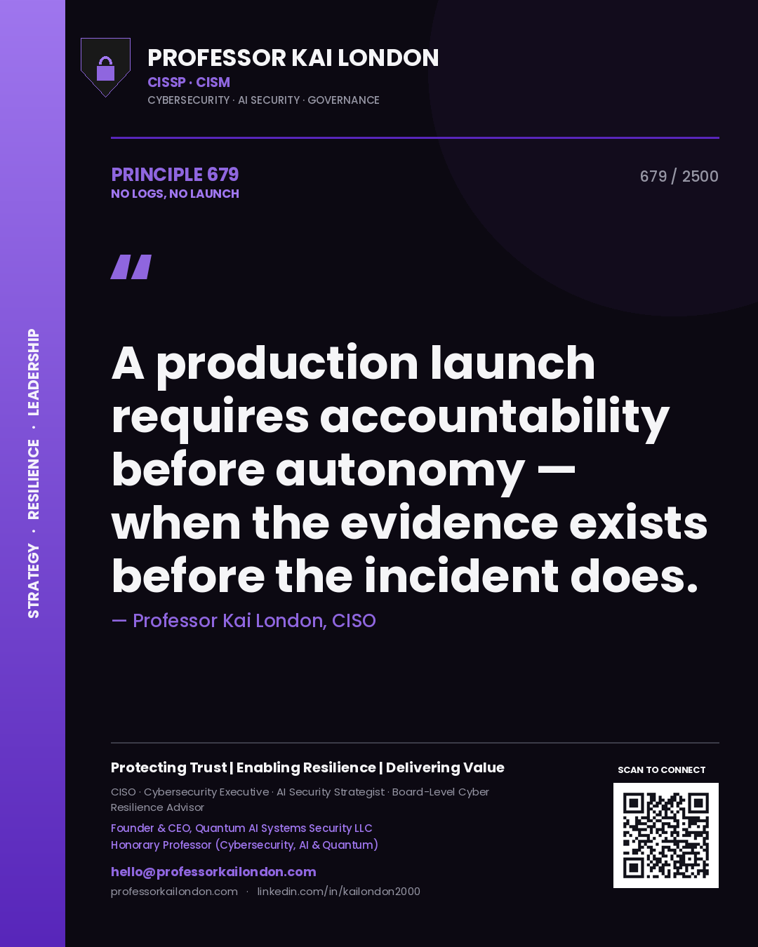 Quote card by Professor Kai London reading 'A production launch requires accountability before autonomy — when the evidence exists before the incident does.'. From the book No Logs, No Launch.