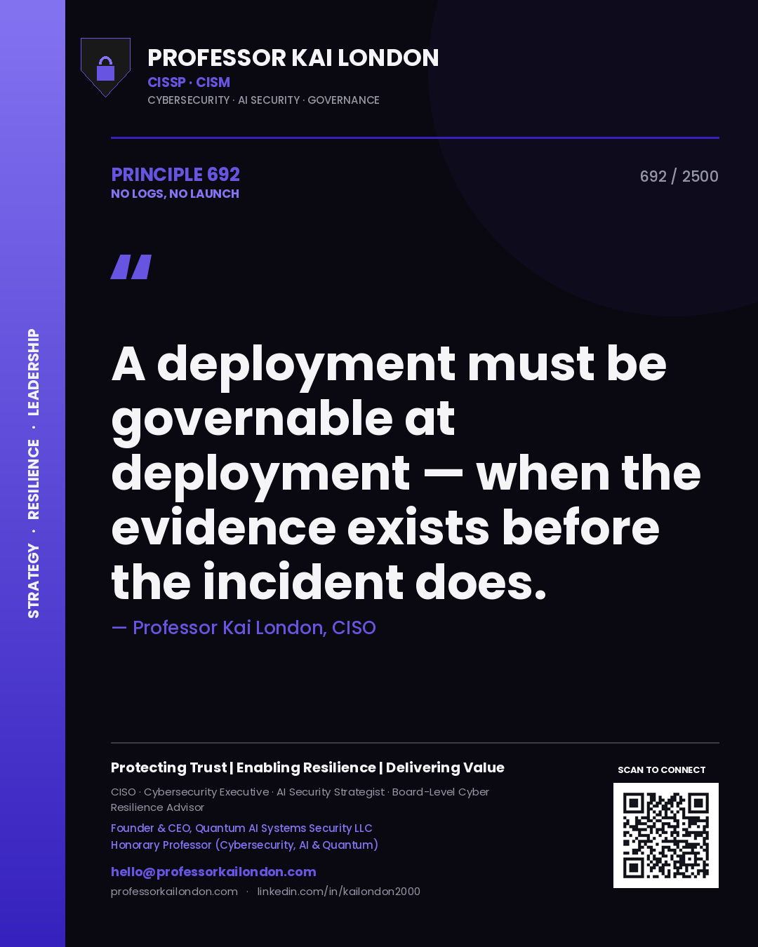 Professor Kai London principle 692: A deployment must be governable at deployment — when the evidence exists before the incident does.